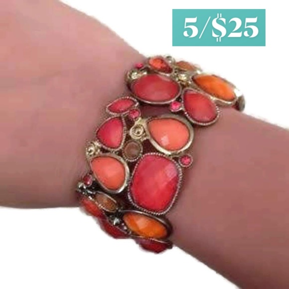 Red and Orange Jeweled Elastic Bracelet - Picture 1 of 4